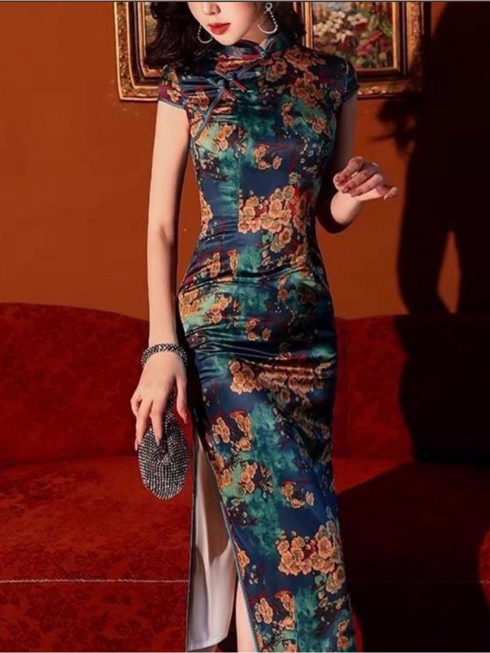 Floral Satin Cheongsam Dress in Navy and Green